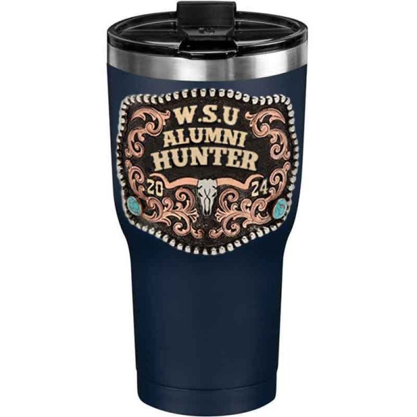 A customized tumbler made of stainless steel with a personalized engraved initials and Alumni Hunter lettering, 30 oz, ideal for coffee or cool drinks